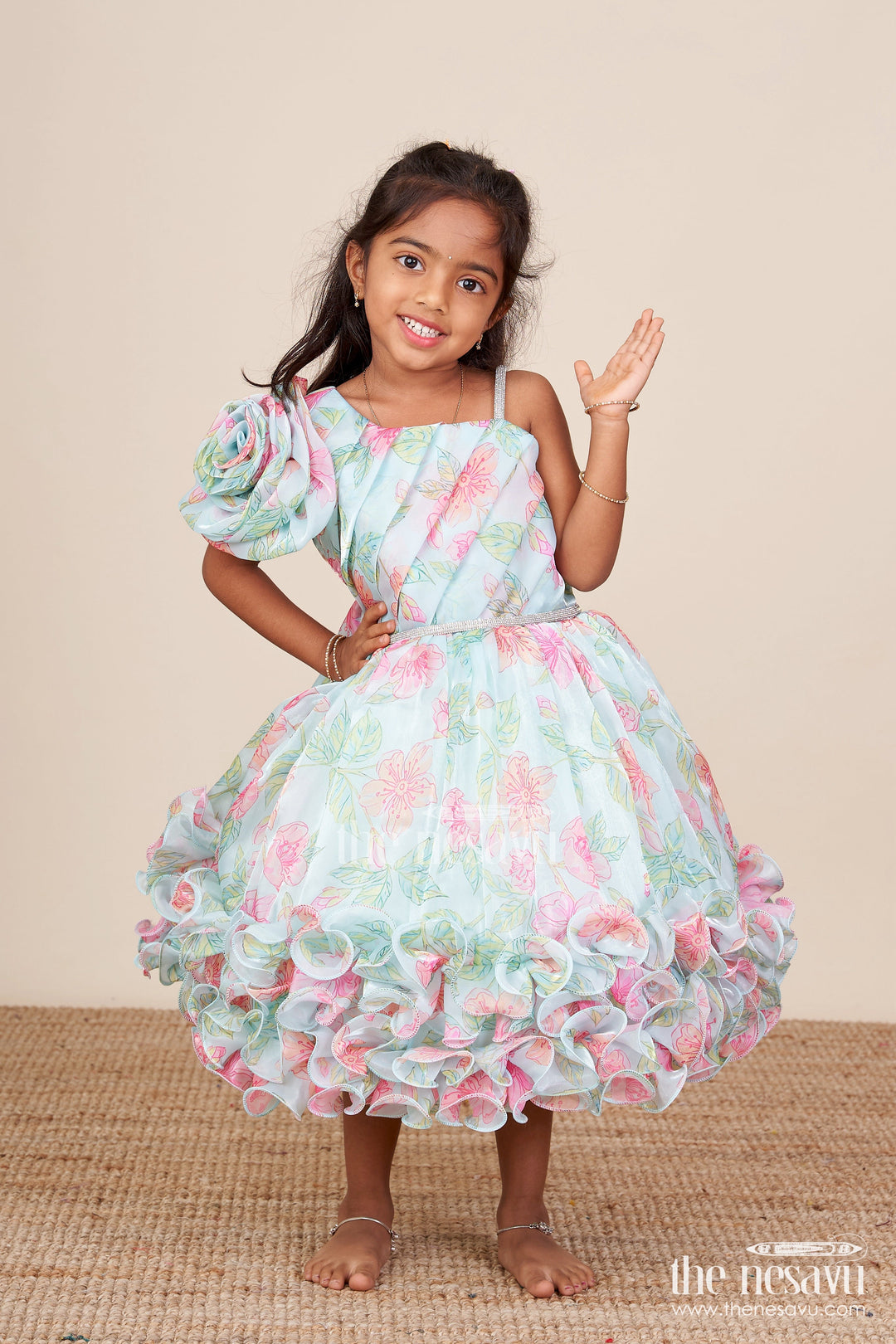 The Nesavu Girls Fancy Party Frock Toddler Girl Floral Organza Frock with Designer Flair for Weddings and Functions Nesavu 16 (1Y) / Blue PF261B-16 Nesavu toddler floral organza frock designer ruffles one-shoulder detail wedding occasions