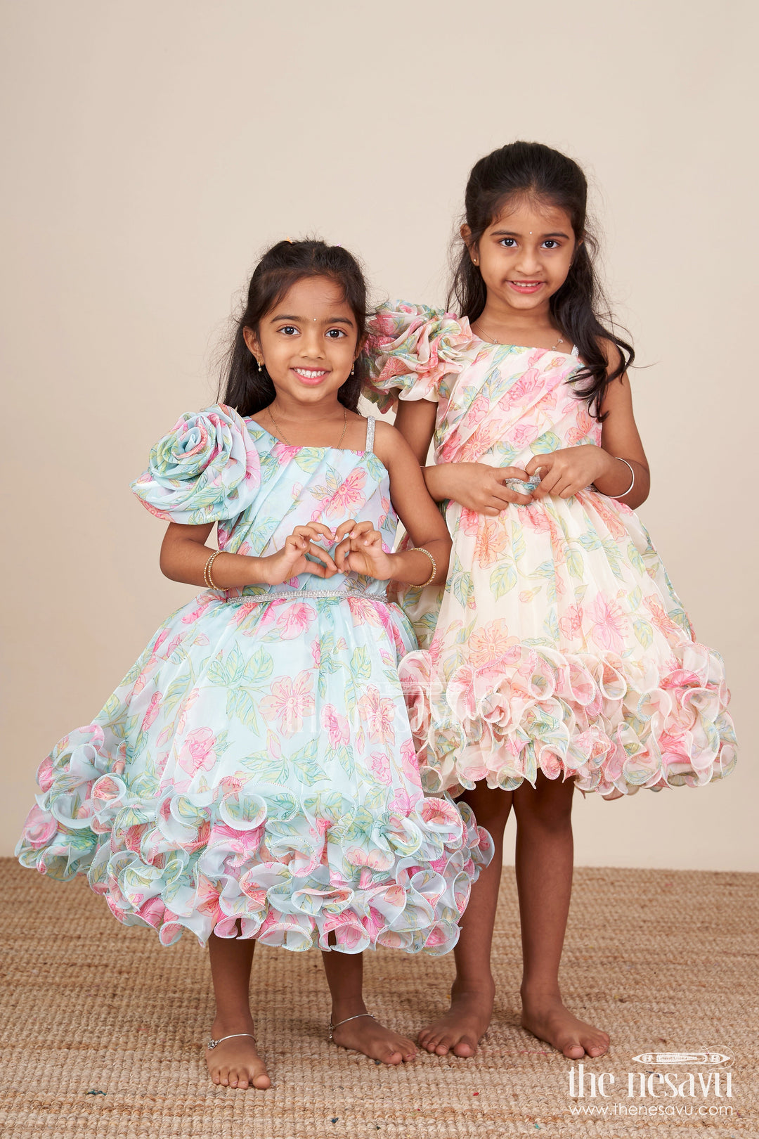 The Nesavu Girls Fancy Party Frock Toddler Girl Floral Organza Frock with Designer Flair for Weddings and Functions Nesavu Nesavu toddler floral organza frock designer ruffles one-shoulder detail wedding occasions