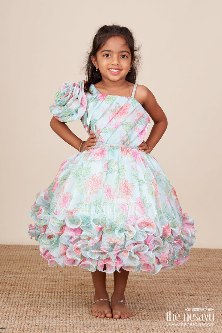 The Nesavu Girls Fancy Party Frock Toddler Girl Floral Organza Frock with Designer Flair for Weddings and Functions Nesavu Nesavu toddler floral organza frock designer ruffles one-shoulder detail wedding occasions