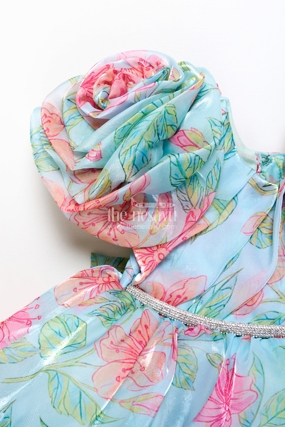 The Nesavu Girls Fancy Party Frock Toddler Girl Floral Organza Frock with Designer Flair for Weddings and Functions Nesavu Nesavu toddler floral organza frock designer ruffles one-shoulder detail wedding occasions