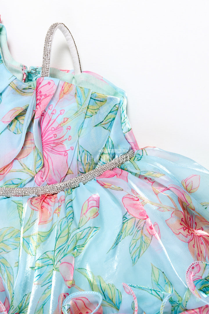 The Nesavu Girls Fancy Party Frock Toddler Girl Floral Organza Frock with Designer Flair for Weddings and Functions Nesavu Nesavu toddler floral organza frock designer ruffles one-shoulder detail wedding occasions