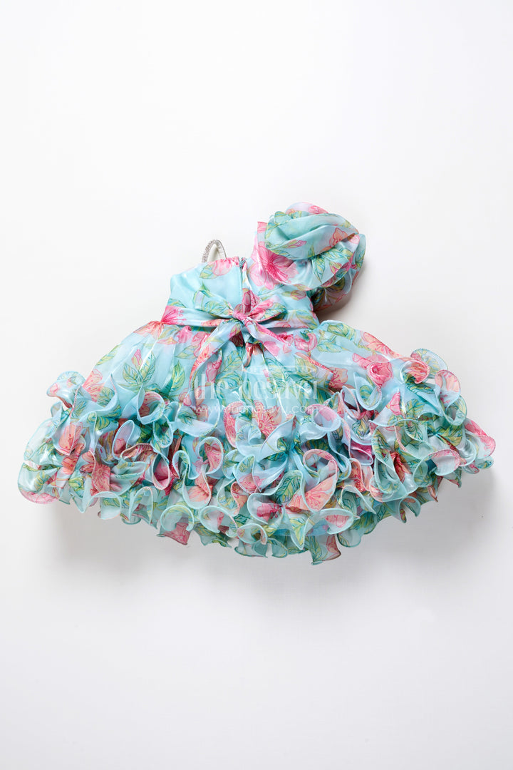 The Nesavu Girls Fancy Party Frock Toddler Girl Floral Organza Frock with Designer Flair for Weddings and Functions Nesavu Nesavu toddler floral organza frock designer ruffles one-shoulder detail wedding occasions