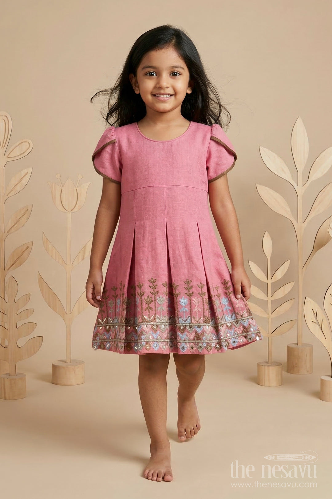 The Nesavu Girls Cotton Frock Toddler Girl Frock for Birthday Parties and Festive Outings Nesavu 20 (3Y) / Pink / Cotton GFC2138A-20 Nesavu toddler girl cotton crepe frock for birthday parties and festive outings with thread embroidery