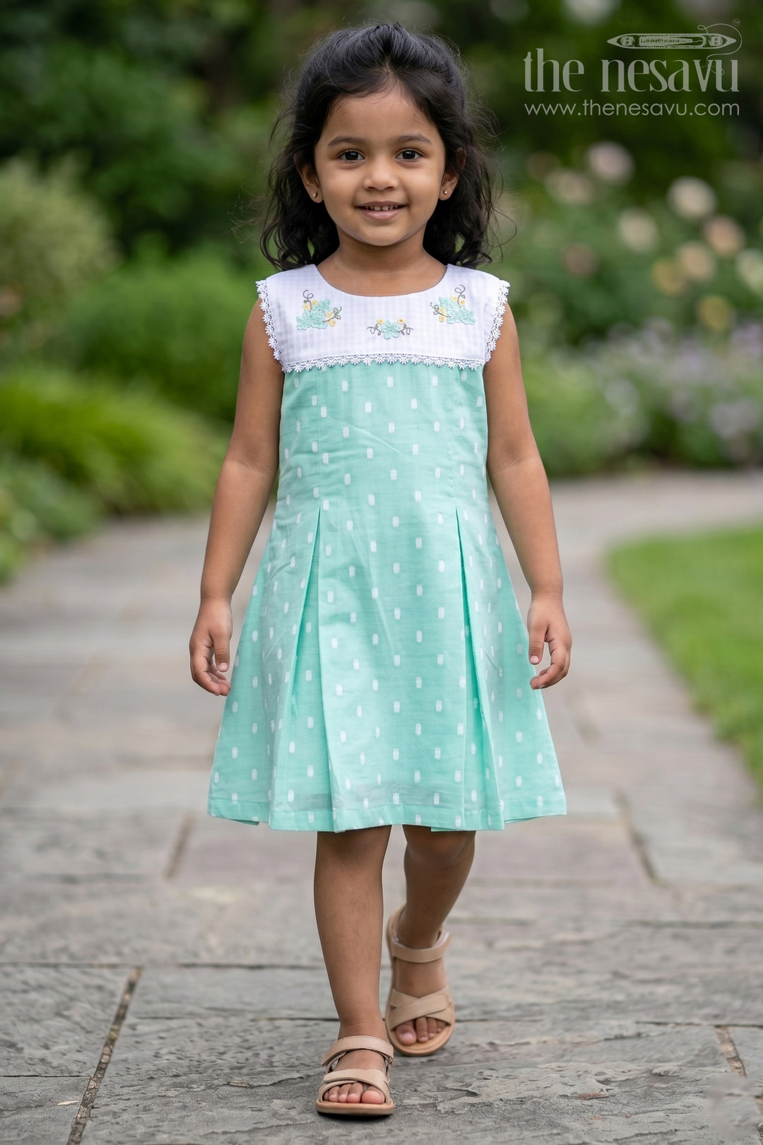 The Nesavu Girls Cotton Frock Toddler Girl Frock for Festive Gatherings and Special Outings Nesavu 20 (3Y) / Green / Cotton GFC2215B-20 Nesavu Toddler Girl Cotton Frock For Festive Gatherings And Special Outings With Embroidered Details