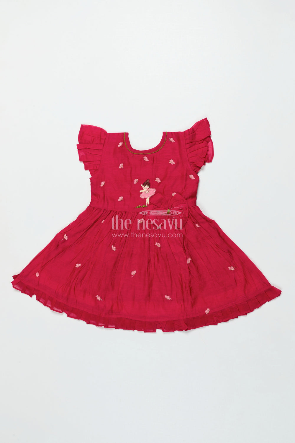 The Nesavu Girls Chanderi Frock Toddler Girl Frock for Festive Wear and Traditional Photoshoots Nesavu 16 (1Y) / Pink GFC2005B-16 Nesavu toddler girl chanderi frock thread embroidery festive events birthday shoots