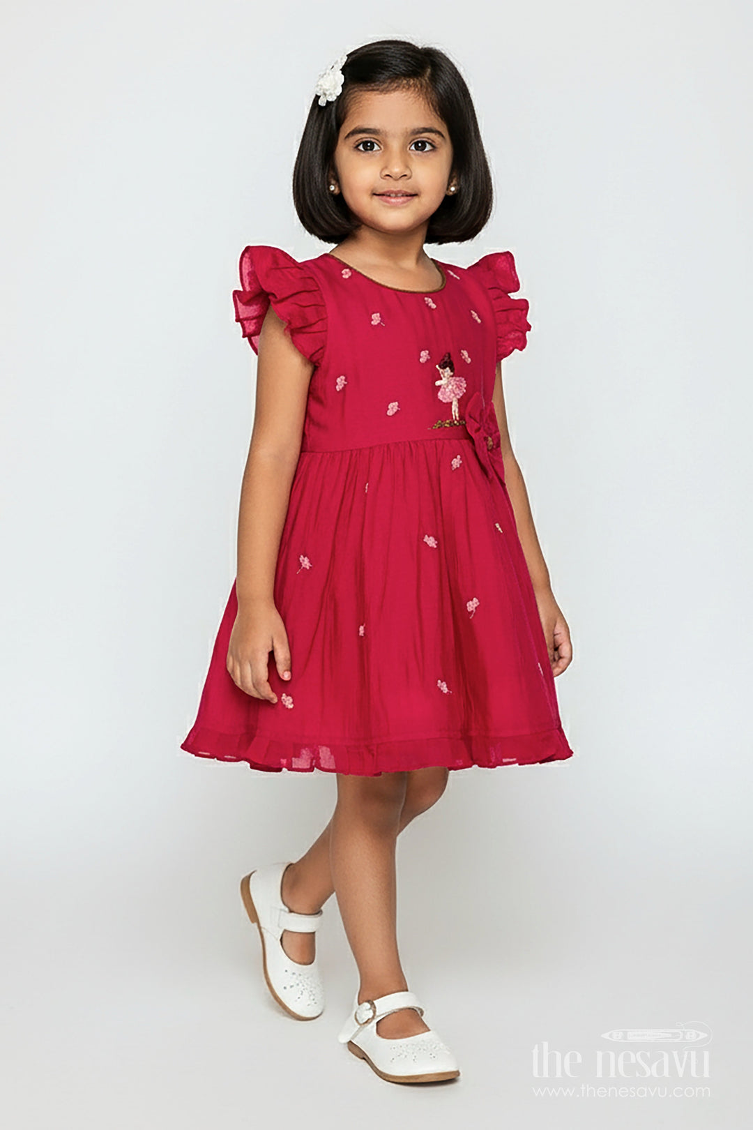 The Nesavu Girls Chanderi Frock Toddler Girl Frock for Festive Wear and Traditional Photoshoots Nesavu 16 (1Y) / Pink GFC2005B-16 Nesavu toddler girl chanderi frock thread embroidery festive events birthday shoots