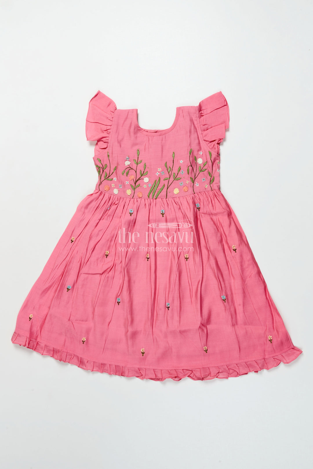 The Nesavu Girls Chanderi Frock Toddler Girl Frock with Floral Embroidery for Festivals and Birthdays Nesavu 26 (6Y) / Pink GFC2009A-26 Nesavu toddler girl chanderi frock floral thread embroidery festive birthday occasions