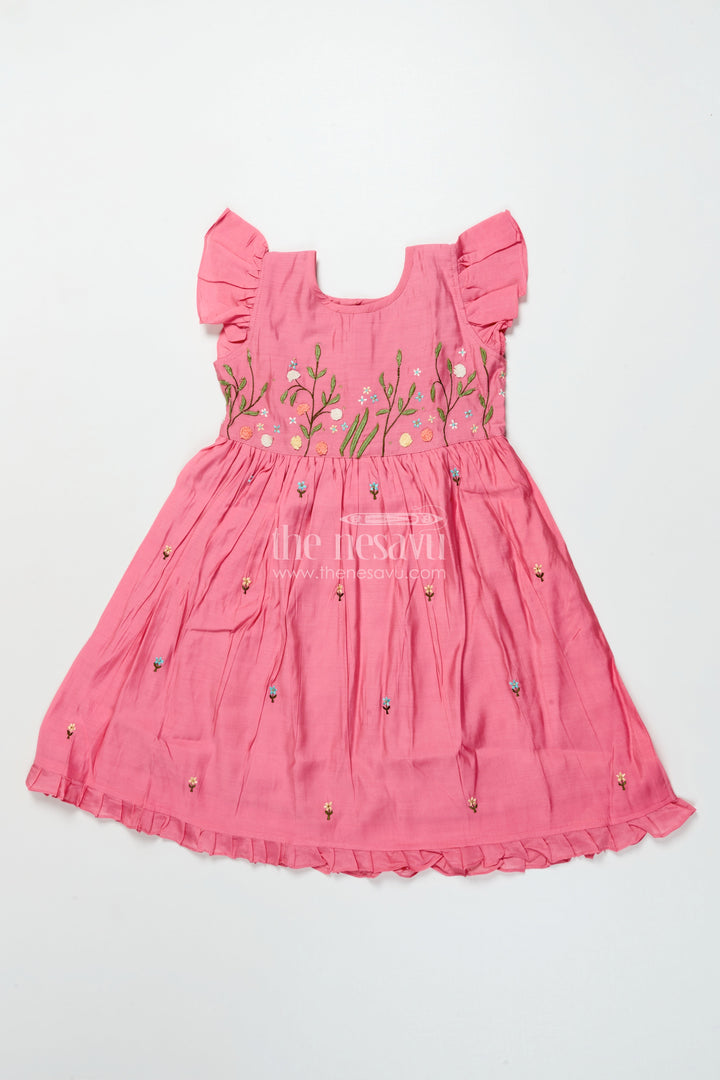 The Nesavu Girls Chanderi Frock Toddler Girl Frock with Floral Embroidery for Festivals and Birthdays Nesavu 26 (6Y) / Pink GFC2009A-26 Nesavu toddler girl chanderi frock floral thread embroidery festive birthday occasions