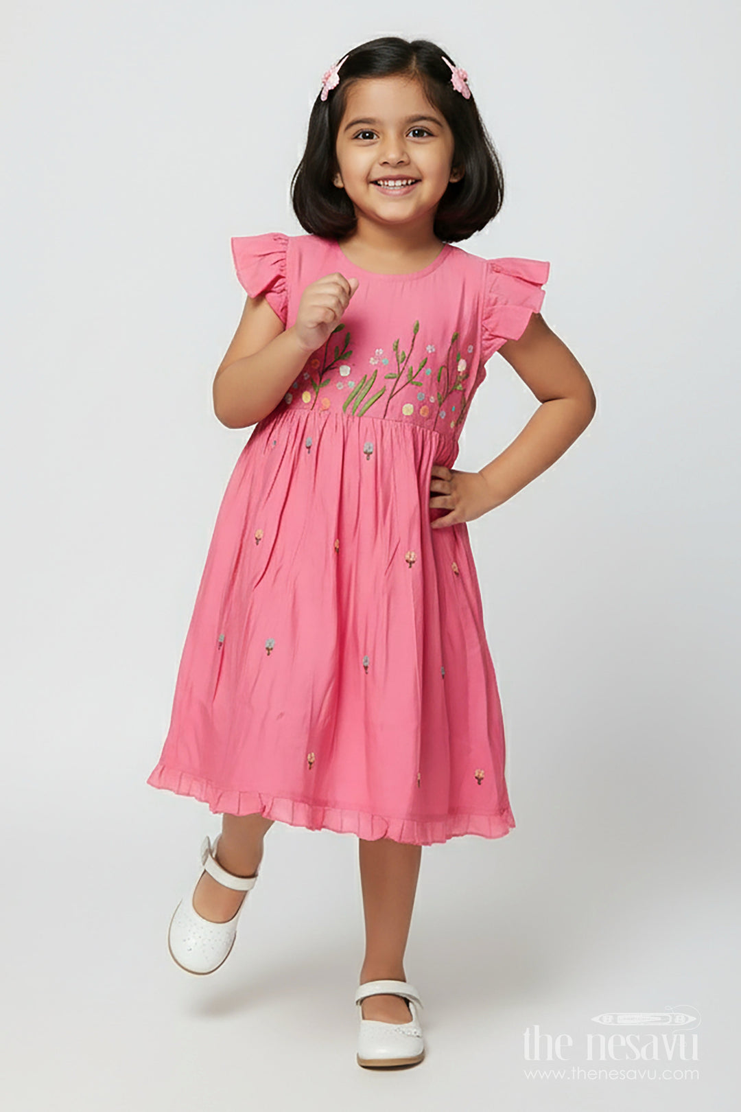 The Nesavu Girls Chanderi Frock Toddler Girl Frock with Floral Embroidery for Festivals and Birthdays Nesavu 26 (6Y) / Pink GFC2009A-26 Nesavu toddler girl chanderi frock floral thread embroidery festive birthday occasions