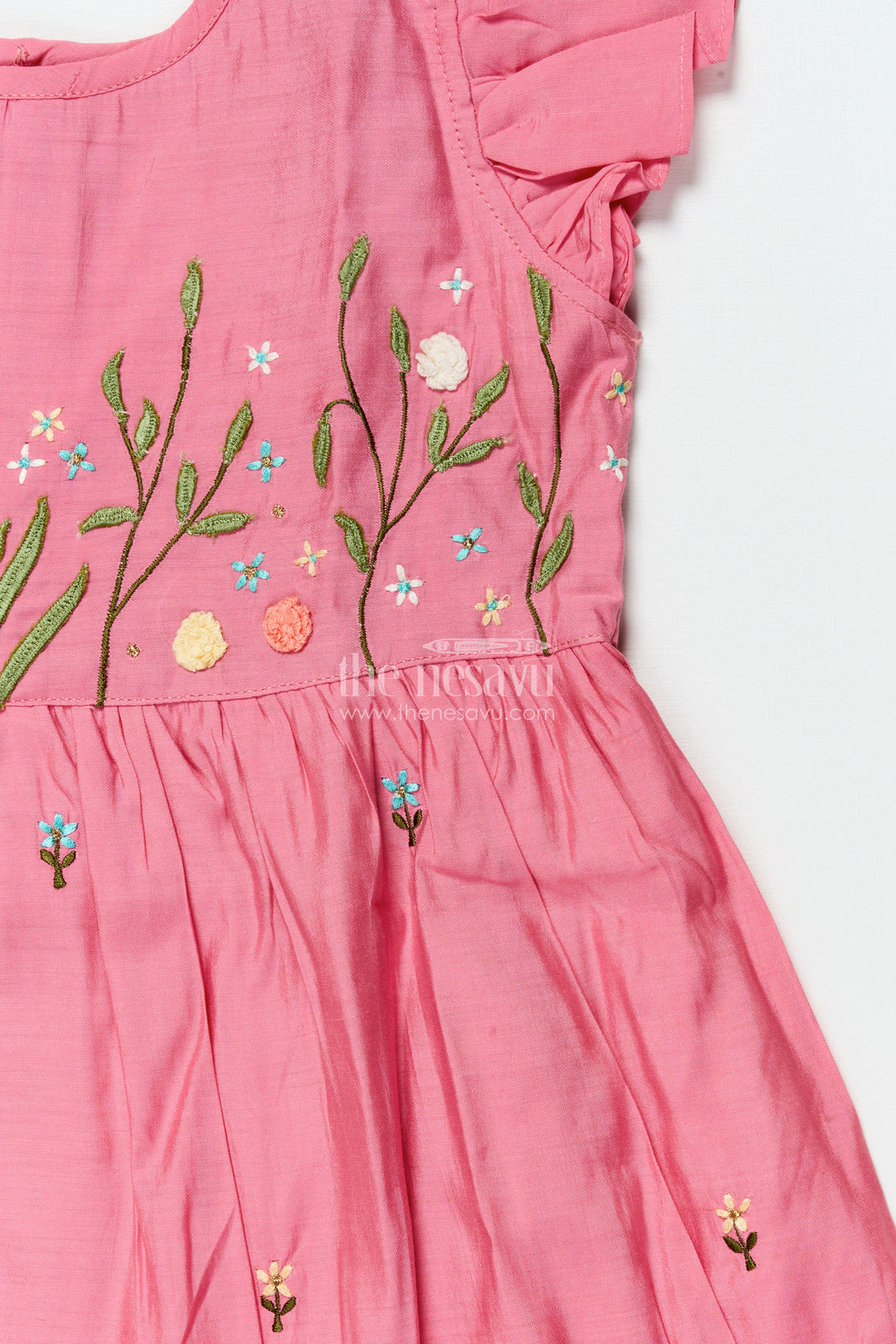 The Nesavu Girls Chanderi Frock Toddler Girl Frock with Floral Embroidery for Festivals and Birthdays Nesavu Nesavu toddler girl chanderi frock floral thread embroidery festive birthday occasions