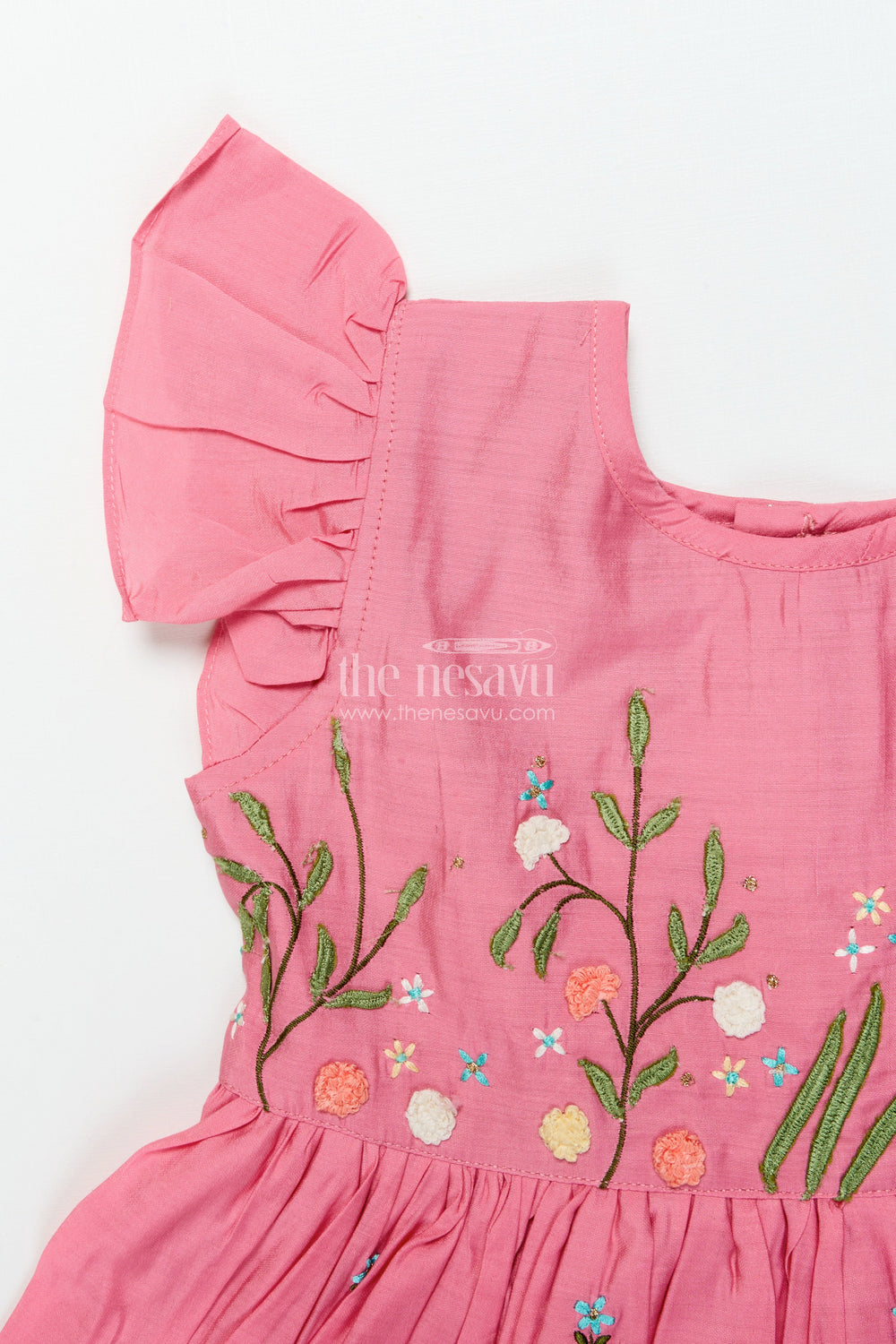 The Nesavu Girls Chanderi Frock Toddler Girl Frock with Floral Embroidery for Festivals and Birthdays Nesavu Nesavu toddler girl chanderi frock floral thread embroidery festive birthday occasions