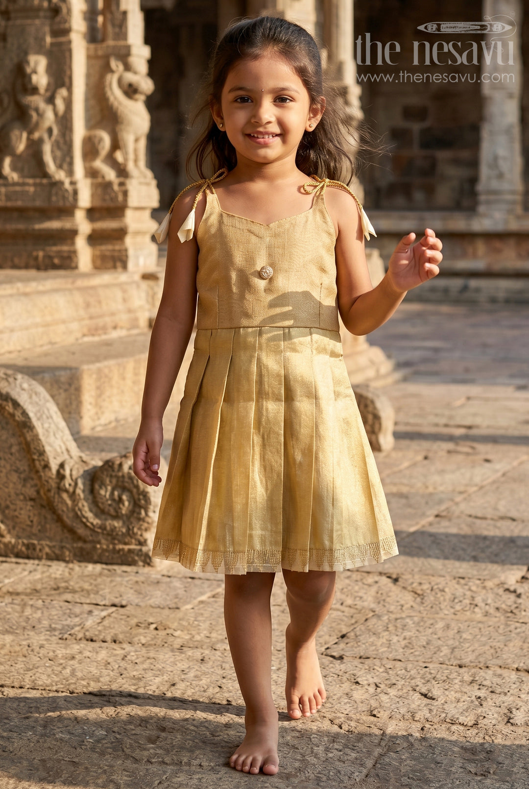 The Nesavu Tie-up Frock Toddler Girl Gold Frock for Birthdays and Festive Events Nesavu 16 (1Y) / Gold / Tissue T437A-16 Nesavu Toddler Girl Gold Tissue Silk Frock With Tie Up Straps For Festive Wear