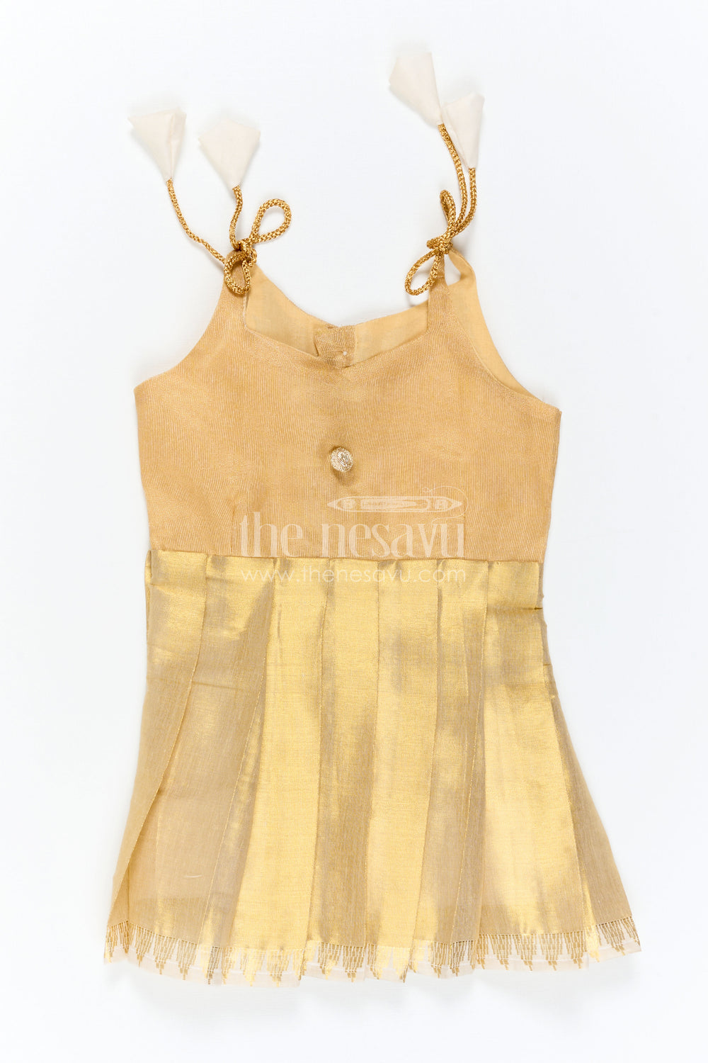 The Nesavu Tie-up Frock Toddler Girl Gold Frock for Birthdays and Festive Events Nesavu 16 (1Y) / Gold / Tissue T437A-16 Nesavu Toddler Girl Gold Tissue Silk Frock With Tie Up Straps For Festive Wear