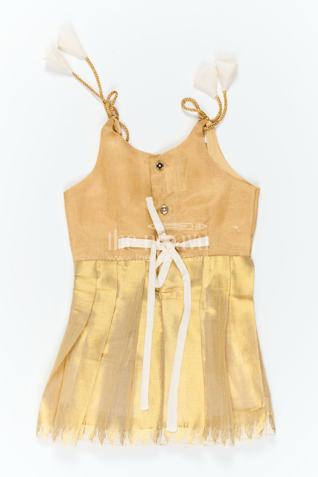 The Nesavu Tie-up Frock Toddler Girl Gold Frock for Birthdays and Festive Events Nesavu 16 (1Y) / Gold / Tissue T437A-16 Nesavu Toddler Girl Gold Tissue Silk Frock With Tie Up Straps For Festive Wear