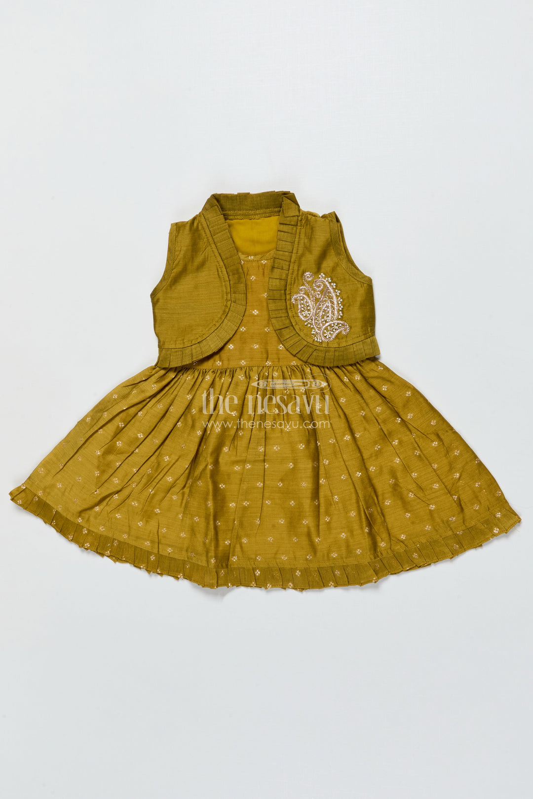 The Nesavu Girls Chanderi Frock Toddler Girl Green Chanderi Frock with Embroidered Jacket for Festive Events Nesavu 16 (1Y) / Green GFC2006A-16 Nesavu toddler girl Chanderi frock green zari butta embroidered jacket  festive-ready