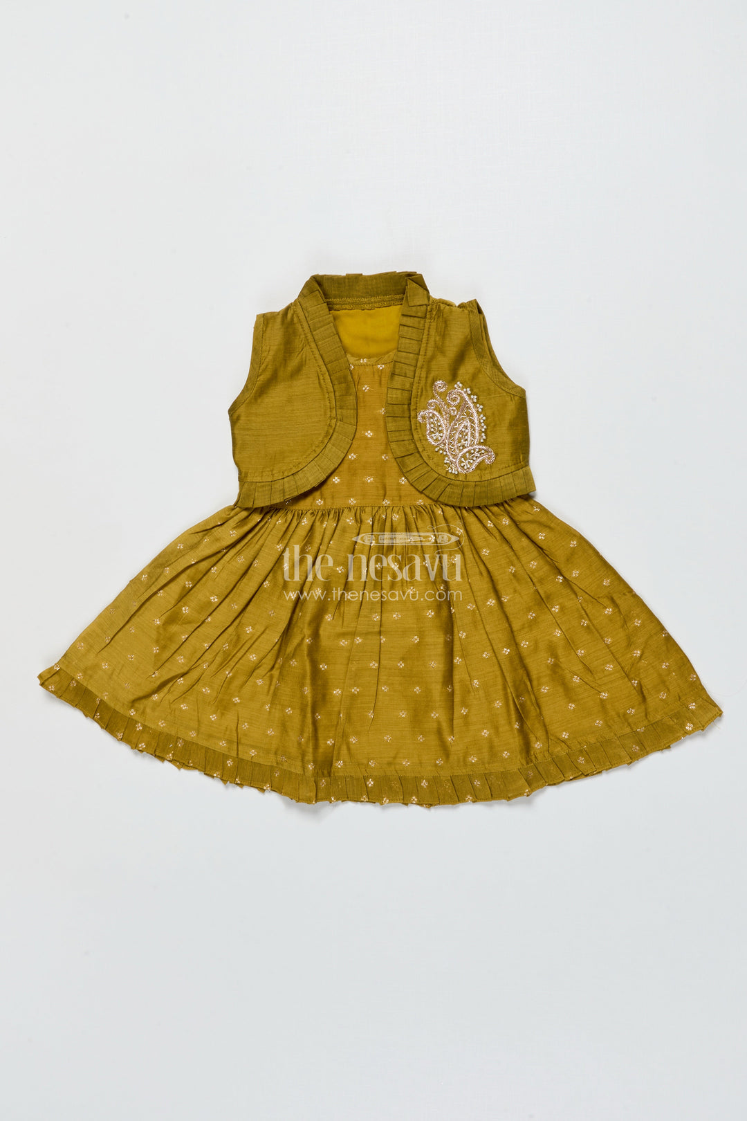 The Nesavu Girls Chanderi Frock Toddler Girl Green Chanderi Frock with Embroidered Jacket for Festive Events Nesavu Nesavu toddler girl Chanderi frock green zari butta embroidered jacket  festive-ready