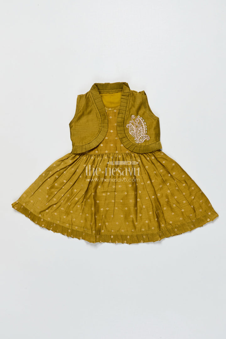 The Nesavu Girls Chanderi Frock Toddler Girl Green Chanderi Frock with Embroidered Jacket for Festive Events Nesavu Nesavu toddler girl Chanderi frock green zari butta embroidered jacket  festive-ready
