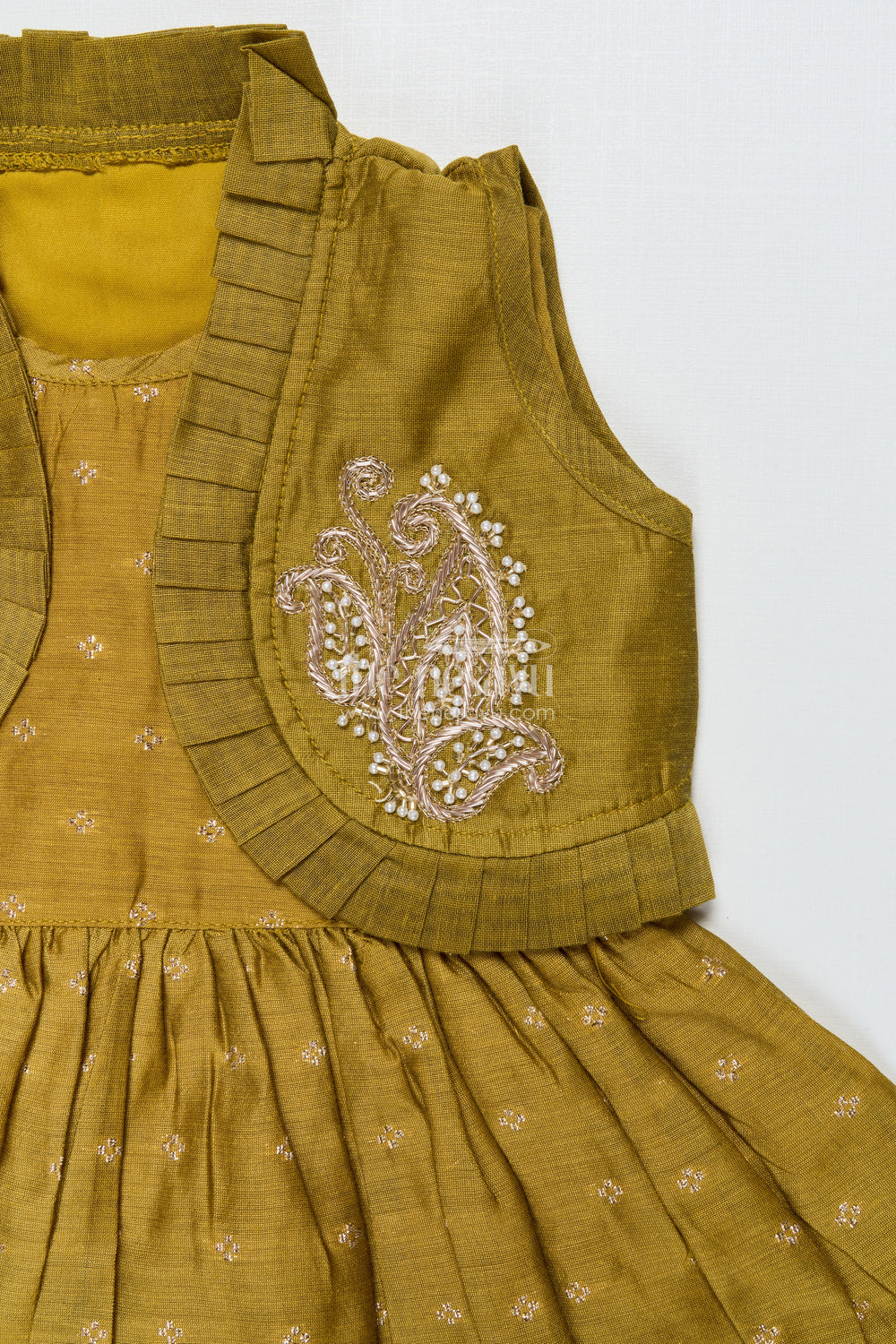 The Nesavu Girls Chanderi Frock Toddler Girl Green Chanderi Frock with Embroidered Jacket for Festive Events Nesavu Nesavu toddler girl Chanderi frock green zari butta embroidered jacket  festive-ready