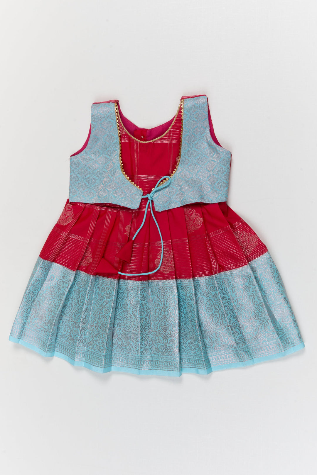 The Nesavu Girls Kanchi Silk Frock Toddler Girl Kanchipuram Silk Frock for Weddings and Traditional Events Nesavu 10 (NB) / Red / Style 1 KSF038AA-10 Nesavu toddler kanchipuram silk frock with pleats and festive jacket for traditional functions