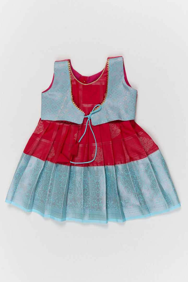 The Nesavu Girls Kanchi Silk Frock Toddler Girl Kanchipuram Silk Frock for Weddings and Traditional Events Nesavu 10 (NB) / Red / Style 1 KSF038AA-10 Nesavu toddler kanchipuram silk frock with pleats and festive jacket for traditional functions
