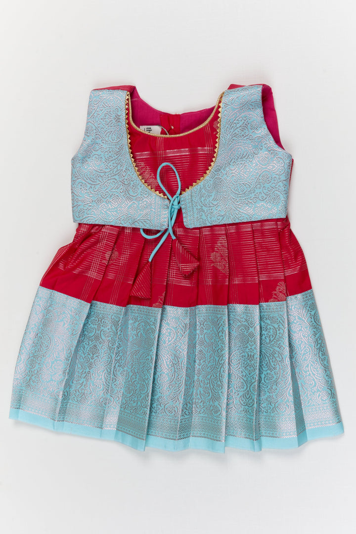 The Nesavu Girls Kanchi Silk Frock Toddler Girl Kanchipuram Silk Frock for Weddings and Traditional Events Nesavu 10 (NB) / Red / Style 3 KSF038AC-10 Nesavu toddler kanchipuram silk frock with pleats and festive jacket for traditional functions
