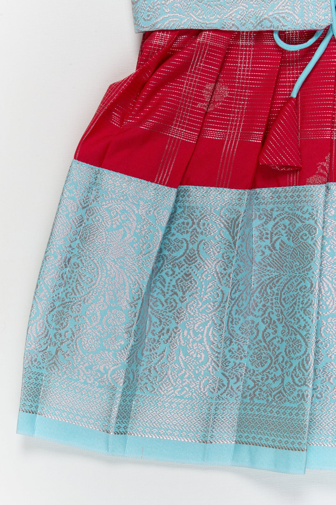 The Nesavu Girls Kanchi Silk Frock Toddler Girl Kanchipuram Silk Frock for Weddings and Traditional Events Nesavu Nesavu toddler kanchipuram silk frock with pleats and festive jacket for traditional functions