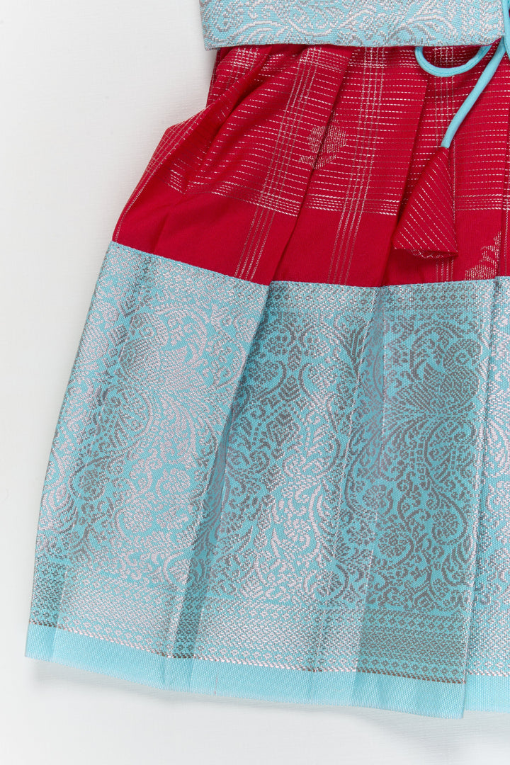 The Nesavu Girls Kanchi Silk Frock Toddler Girl Kanchipuram Silk Frock for Weddings and Traditional Events Nesavu Nesavu toddler kanchipuram silk frock with pleats and festive jacket for traditional functions