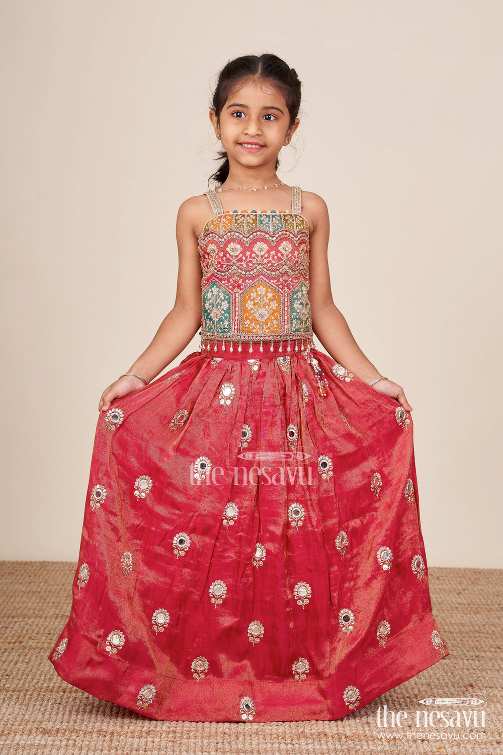 The Nesavu Girls Lehenga Choli Toddler Girl Lehenga Set for Temple Visits and Family Festivals Nesavu 16 (1Y) / Red GL824A-16 Nesavu toddler girl lehenga choli multicolor embroidery temple festive occasions