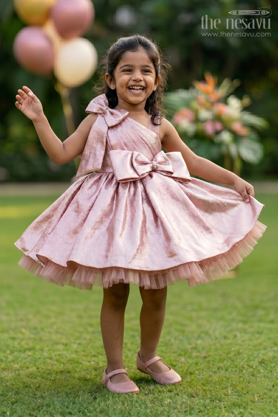 The Nesavu Girls Fancy Party Frock Toddler Girl Party Frock for Birthdays and Evening Celebrations Nesavu 16 (1Y) / Peach / Satin PF292A-16 Nesavu toddler girl shimmer satin party frock for birthdays and evening celebrations with bow detail