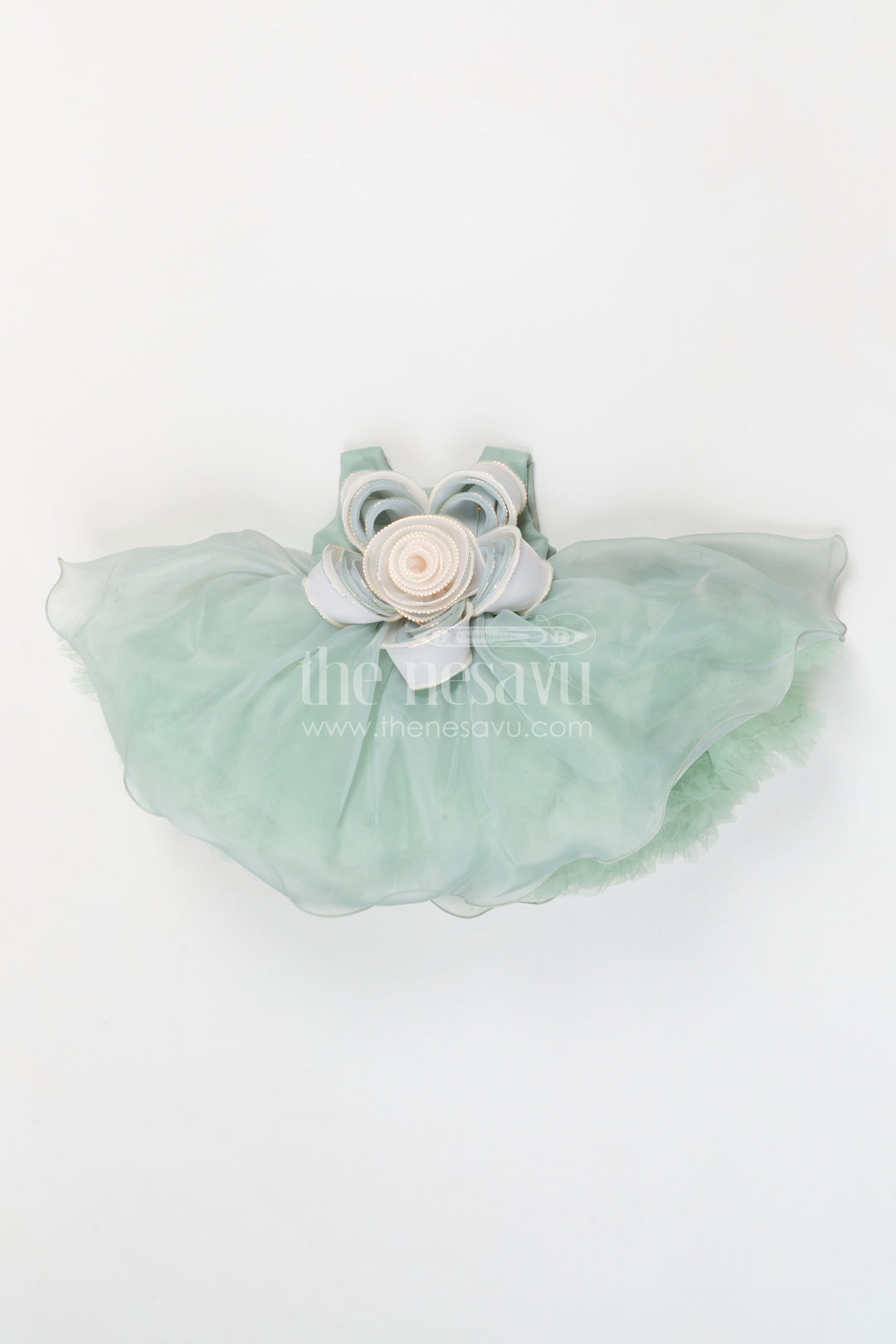 The Nesavu Girls Fancy Party Frock Toddler Girl Party Frock for Birthdays and Photoshoots Nesavu 16 (1Y) / Green / Organza PF293A-16 Nesavu toddler girl organza party frock for birthdays and photoshoots with floral detail and layered skirt
