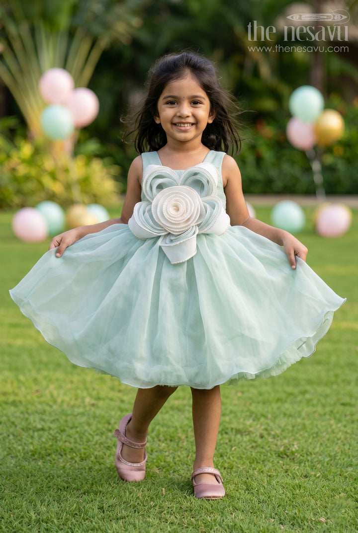 The Nesavu Girls Fancy Party Frock Toddler Girl Party Frock for Birthdays and Photoshoots Nesavu 16 (1Y) / Green / Organza PF293A-16 Nesavu toddler girl organza party frock for birthdays and photoshoots with floral detail and layered skirt