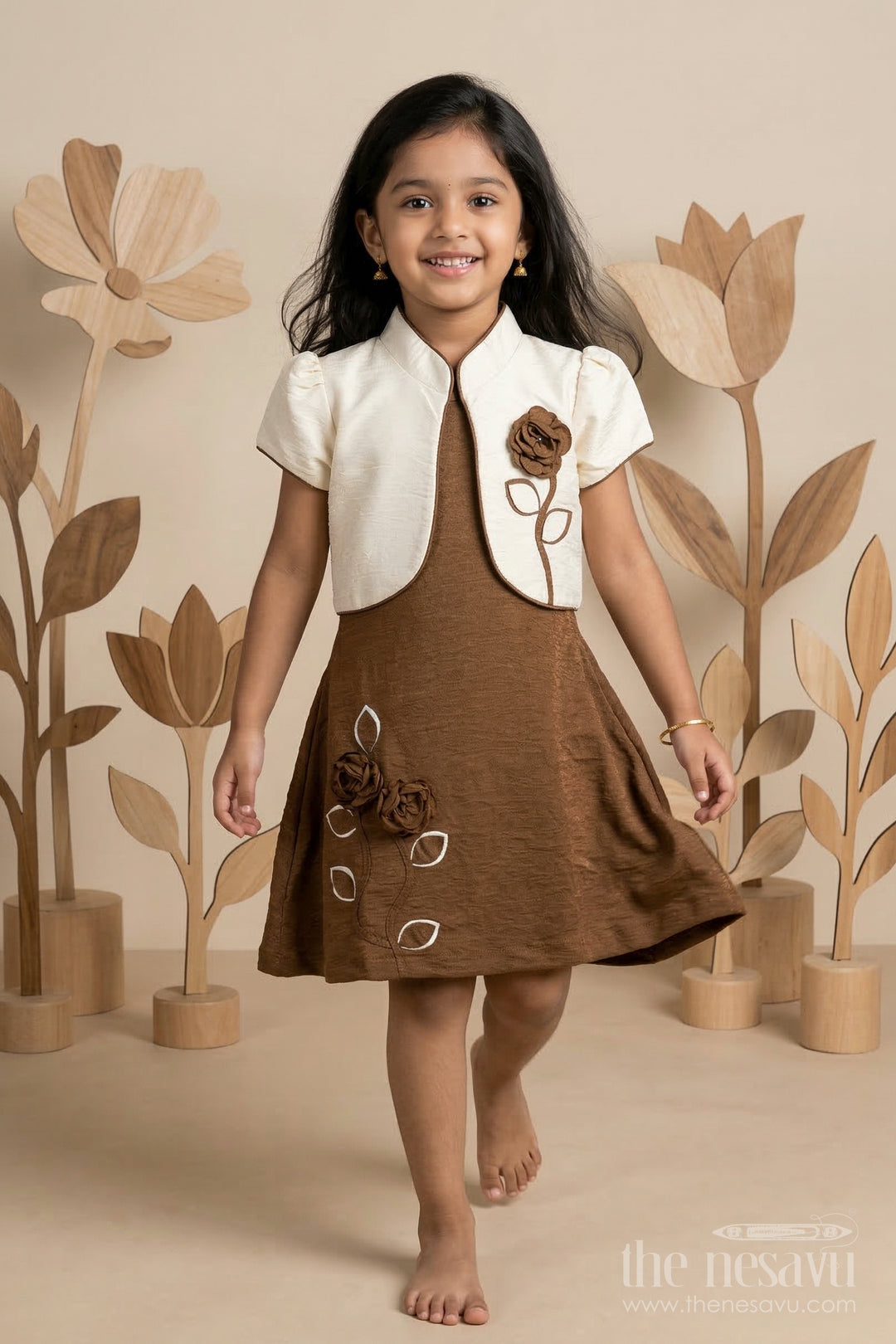 The Nesavu Girls Cotton Frock Toddler Girl Party Frock with Embellished Jacket for Special Occasions Nesavu 20 (3Y) / Brown / Georgette GFC2139A-20 Nesavu toddler girl georgette party frock with flower embellished jacket for birthdays and festive occasions