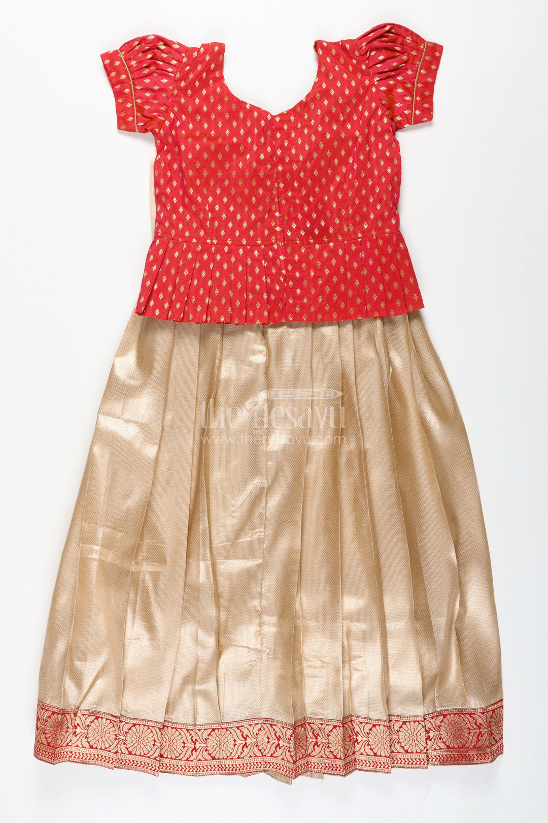 The Nesavu Pattu Pavadai Toddler Girl Pattu Pavadai for Festivals and Family Functions Nesavu 26 (6Y) / Red GPP320A-26 Nesavu toddler girl pattu pavadai festive wear zari blouse tissue skirt