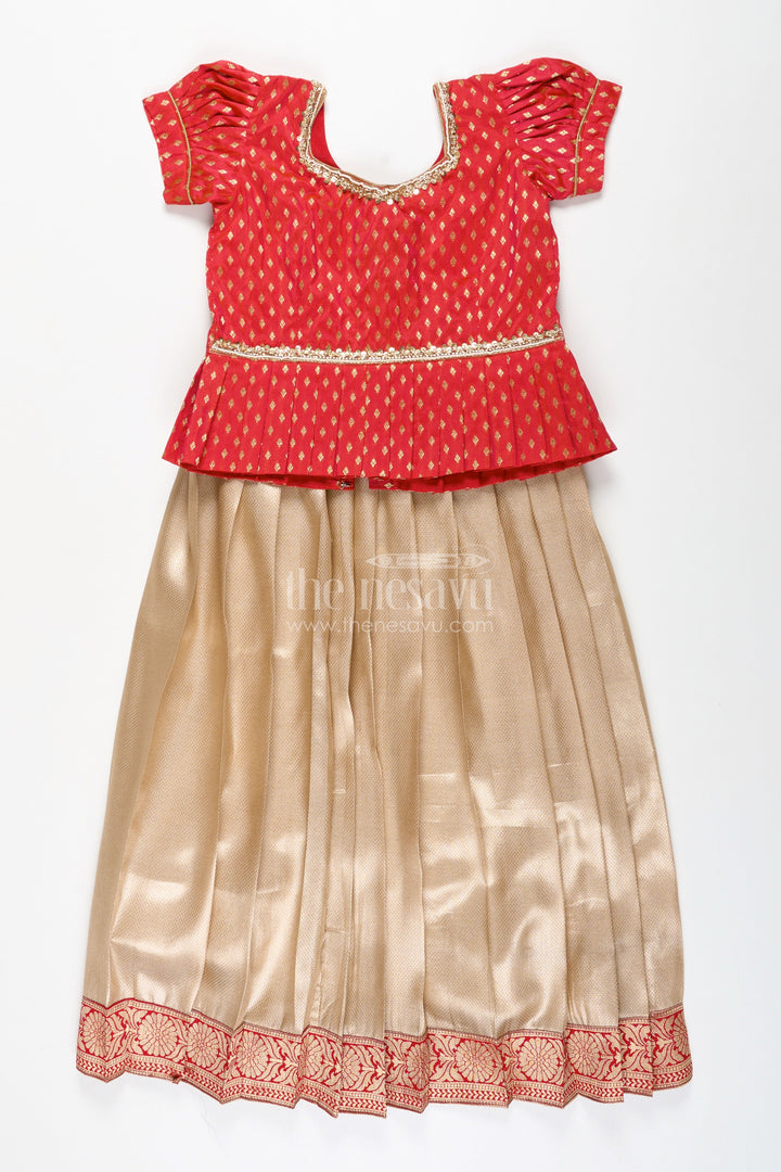 The Nesavu Pattu Pavadai Toddler Girl Pattu Pavadai for Festivals and Family Functions Nesavu 26 (6Y) / Red GPP320A-26 Nesavu toddler girl pattu pavadai festive wear zari blouse tissue skirt
