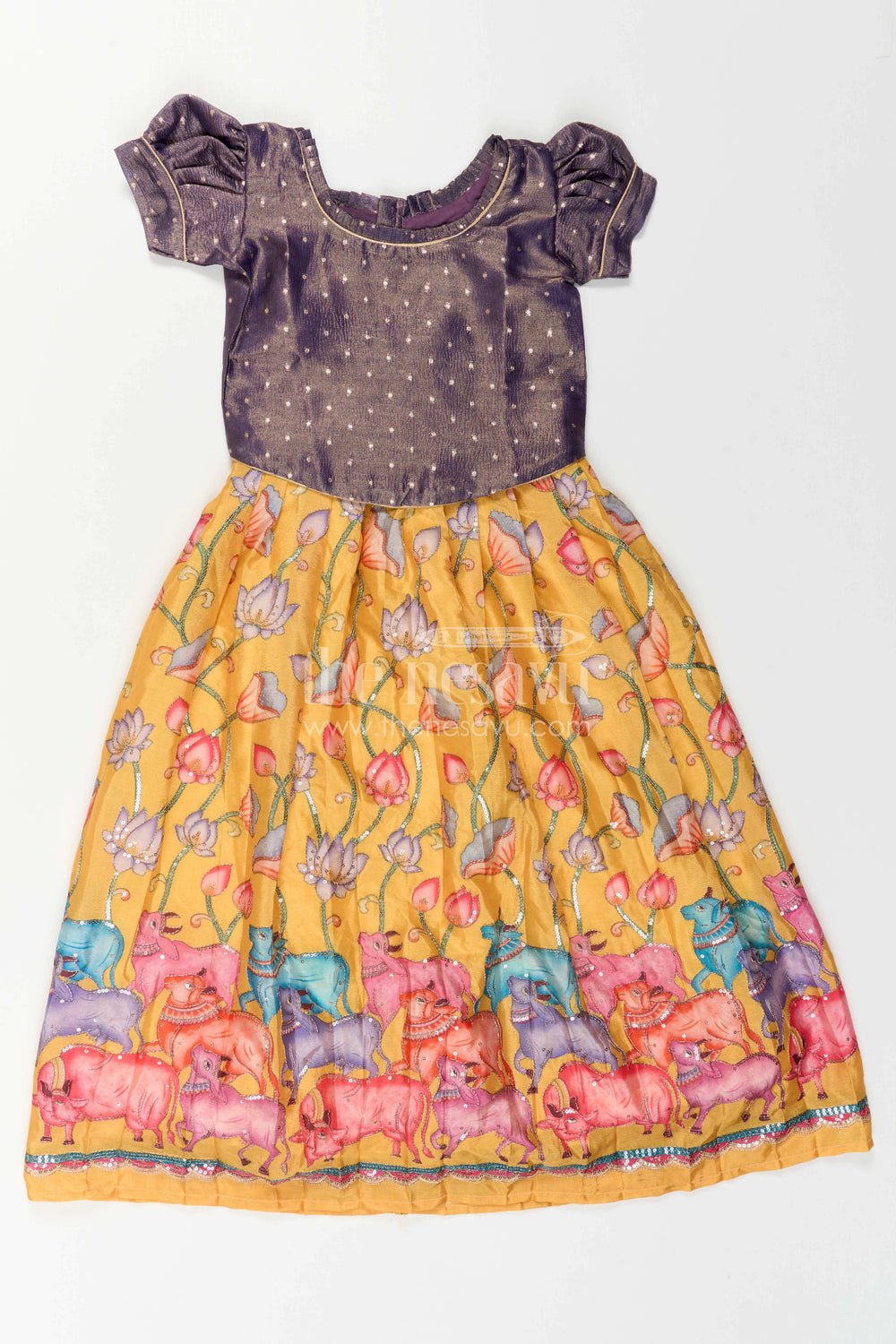The Nesavu Pattu Pavadai Toddler Girl Pattu Pavadai for Festive Events and Birthdays Nesavu Nesavu Toddler Girl Pattu Pavadai With Artistic Printed Skirt And Sequence Embroidered Blouse