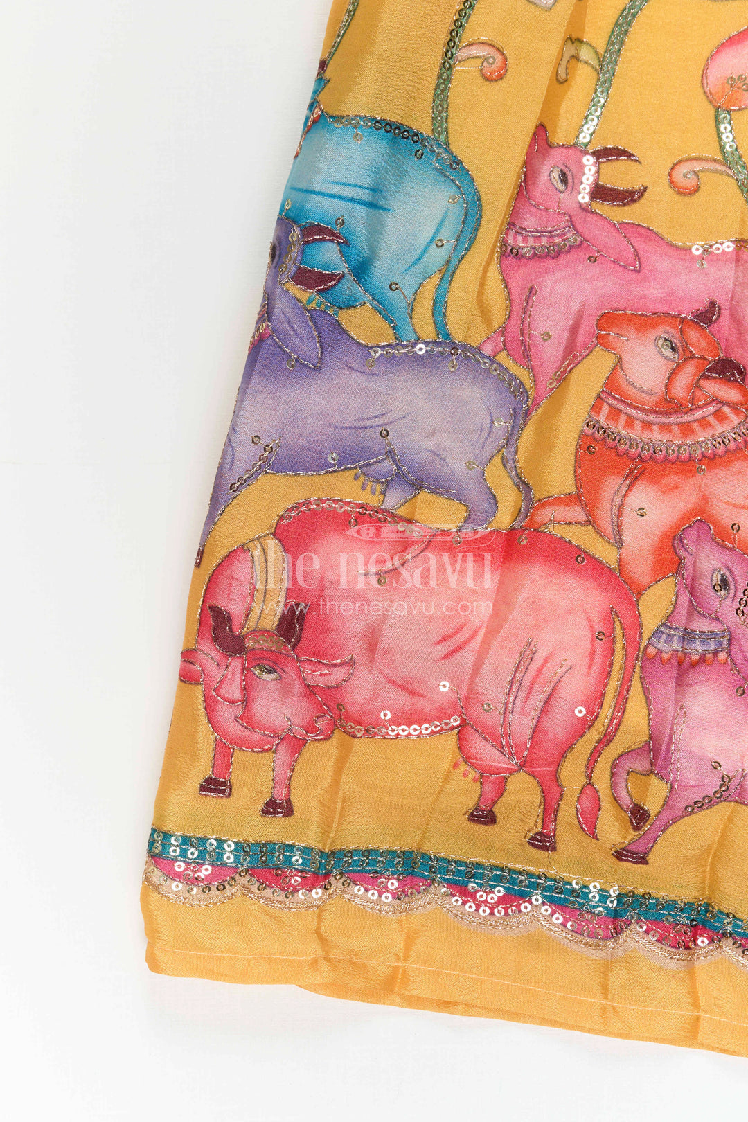 The Nesavu Pattu Pavadai Toddler Girl Pattu Pavadai for Festive Events and Birthdays Nesavu Nesavu Toddler Girl Pattu Pavadai With Artistic Printed Skirt And Sequence Embroidered Blouse