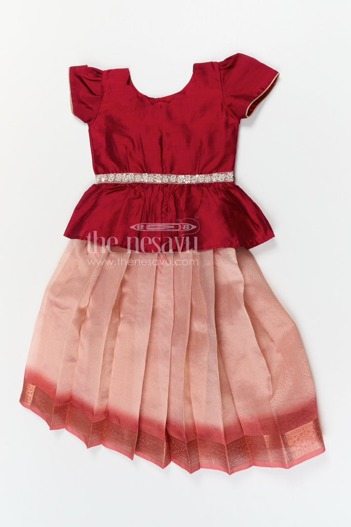 The Nesavu Pattu Pavadai Toddler Girl Pattu Pavadai for Traditional Functions and Festive Wear Nesavu 18 (2Y) / Red / Banarasi GPP377B-18 Nesavu toddler girl pattu pavadai for festive wear and traditional functions with semi banaras silk comfort fit