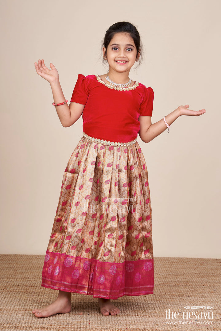 The Nesavu Pattu Pavadai Toddler Girl Pattu Pavadai for Weddings and Heritage Functions Nesavu 18 (2Y) / Red GPP328A-18 Nesavu toddler girl pattu pavadai velvet yoke banarasi skirt wedding functions