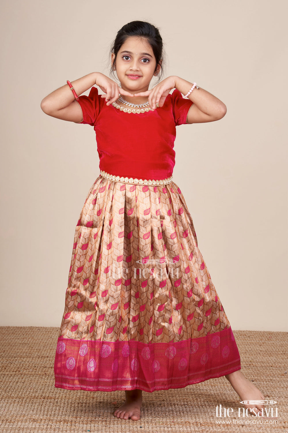 The Nesavu Pattu Pavadai Toddler Girl Pattu Pavadai for Weddings and Heritage Functions Nesavu Nesavu toddler girl pattu pavadai velvet yoke banarasi skirt wedding functions