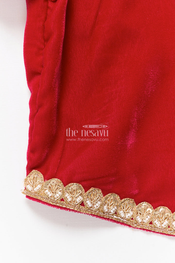 The Nesavu Pattu Pavadai Toddler Girl Pattu Pavadai for Weddings and Heritage Functions Nesavu Nesavu toddler girl pattu pavadai velvet yoke banarasi skirt wedding functions
