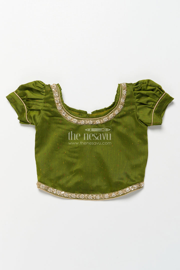 The Nesavu Pattu Pavadai Toddler Girl Pattu Pavadai in Green with Floral Printed Skirt for Festive Wear Nesavu Nesavu toddler girl green pattu pavadai floral printed skirt festive occasions