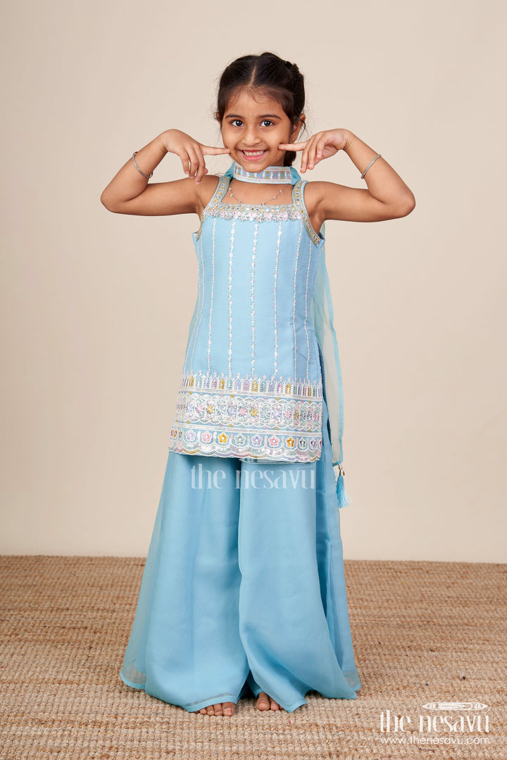 The Nesavu Girls Sharara / Plazo Set Toddler Girl Plazo Set with Mirror Embroidery for Traditional Functions Nesavu 18 (2Y) / Blue GPS758A-18 Nesavu toddler girl sharara set mirror embroidery wide-leg plazo pants