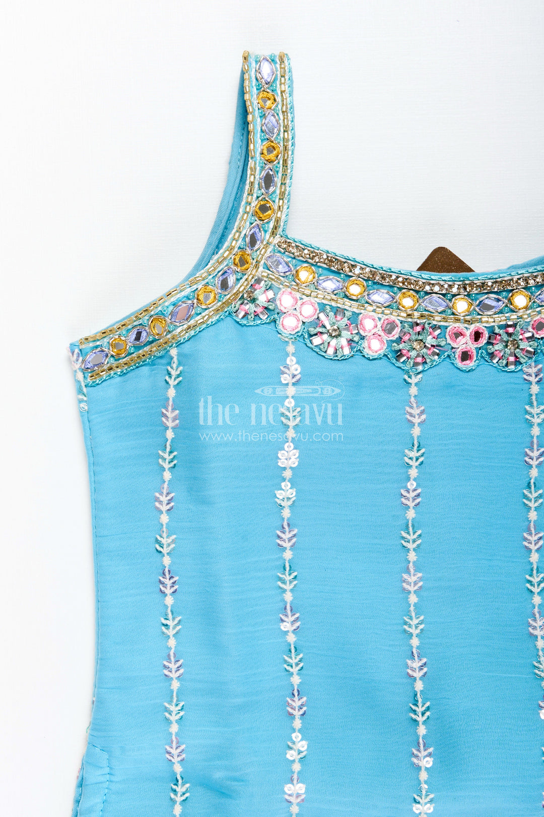 The Nesavu Girls Sharara / Plazo Set Toddler girl plazo set with mirror embroidery for traditional functions Nesavu Nesavu toddler girl sharara set mirror embroidery wide-leg plazo pants