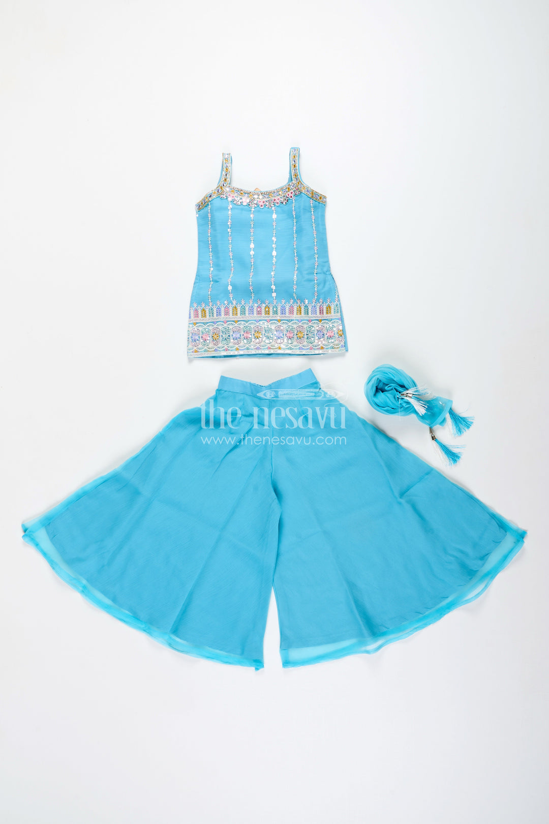 The Nesavu Girls Sharara / Plazo Set Toddler girl plazo set with mirror embroidery for traditional functions Nesavu Nesavu toddler girl sharara set mirror embroidery wide-leg plazo pants
