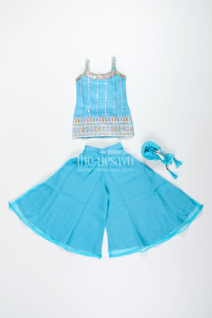 The Nesavu Girls Sharara / Plazo Set Toddler girl plazo set with mirror embroidery for traditional functions Nesavu Nesavu toddler girl sharara set mirror embroidery wide-leg plazo pants