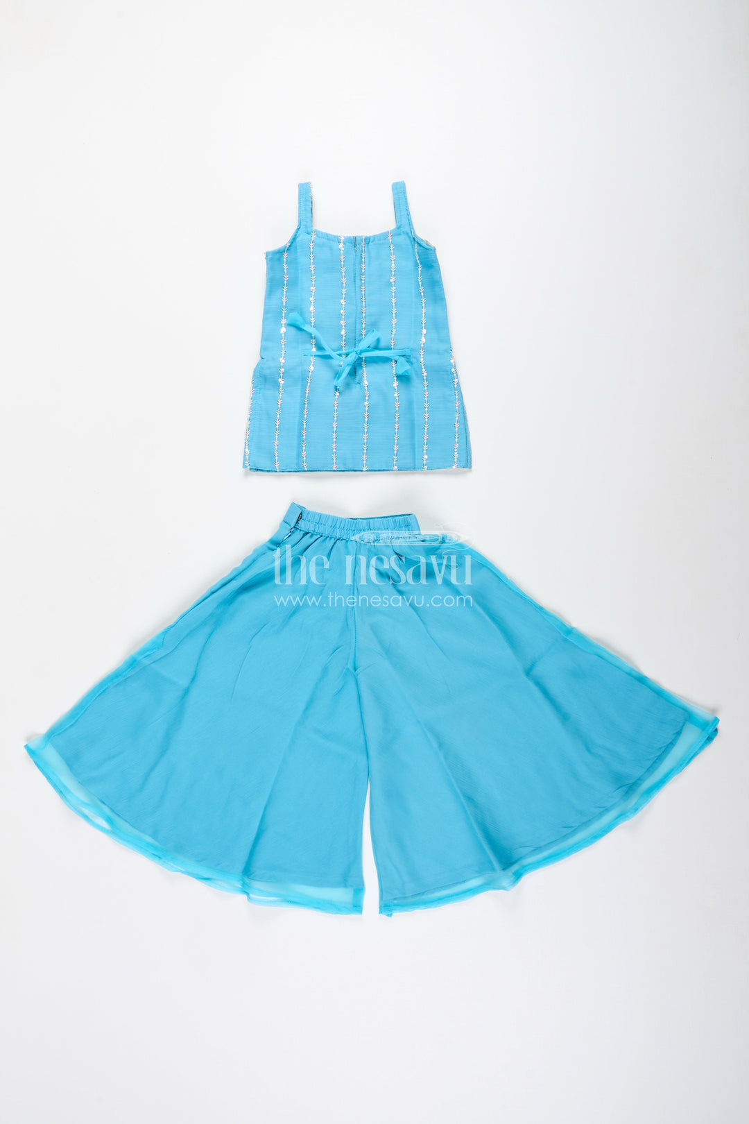The Nesavu Girls Sharara / Plazo Set Toddler girl plazo set with mirror embroidery for traditional functions Nesavu Nesavu toddler girl sharara set mirror embroidery wide-leg plazo pants