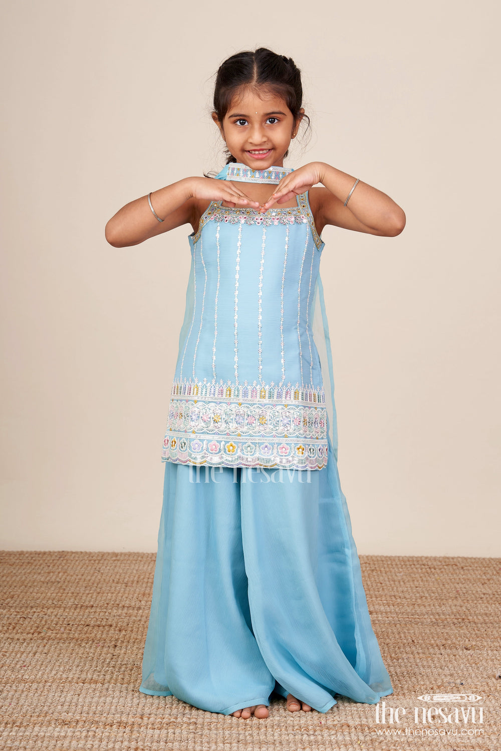 The Nesavu Girls Sharara / Plazo Set Toddler Girl Plazo Set with Mirror Embroidery for Traditional Functions Nesavu Nesavu toddler girl sharara set mirror embroidery wide-leg plazo pants