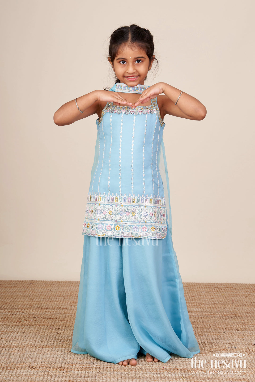 The Nesavu Girls Sharara / Plazo Set Toddler Girl Plazo Set with Mirror Embroidery for Traditional Functions Nesavu Nesavu toddler girl sharara set mirror embroidery wide-leg plazo pants