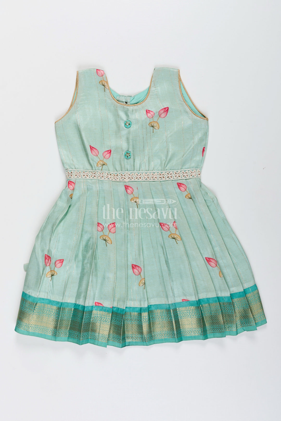 The Nesavu Silk Frock Toddler girl semi silk frock for weddings and cultural events Nesavu 18 (2Y) / Cream SF1066A-18 Nesavu pastel green semi silk frock toddler girls zari border floral accents