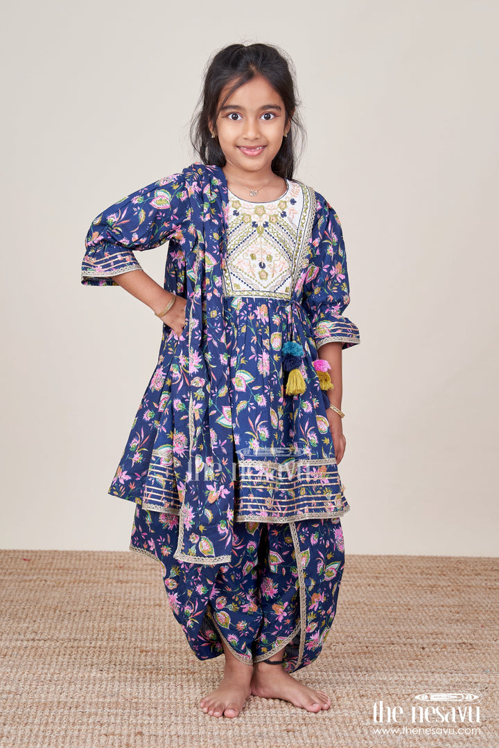 The Nesavu Girls Dothi Sets Toddler Girl Sharara Set for Ethnic Events and School Functions Nesavu 16 (1Y) / Blue GPS845A-16 Nesavu toddler girl sharara set cotton block print ethnic functions